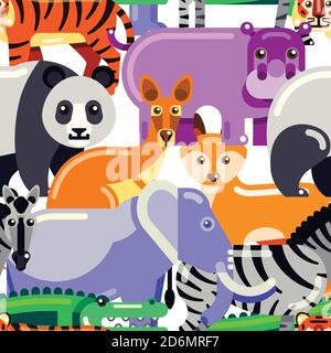 Animals seamless pattern. Vector flat illustration of zoo. Colorful cartoon background. Stock Vector