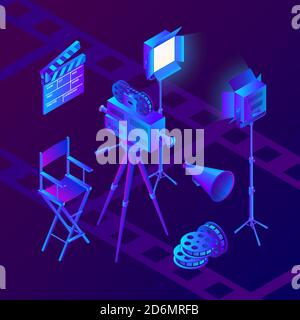Video and cinema production. Vector isometric neon gradients illustration. Movie studio equipment icons and design elements set. Stock Vector