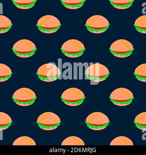 Delicious burgers, seamless pattern on dark blue background. Stock Vector