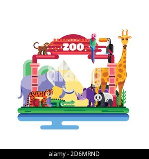 Zoo entrance, vector flat illustration isolated on white background. Colorful wild animals around gates. Weekend in park, leisure outdoor concept. Stock Vector