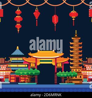 Chinese town seamless horizontal background. Travel to China vector flat illustration. Night Asian cityscape with traditional building landmarks. Stock Vector