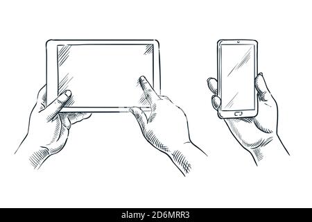 Human hands hold smartphone and tablet, vector sketch illustration isolated on white background. Mobile phone empty white screen. Business communicati Stock Vector