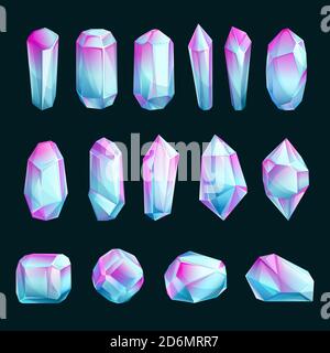 Crystals and minerals, vector cartoon illustration. Set of abstract raw gemstones. Bright gems design elements. Stock Vector