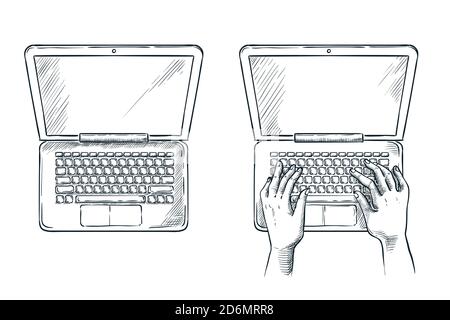 Human hands on laptop keypad, vector sketch illustration. Top view computer empty screen. Freelance job, programming and development concept. Stock Vector