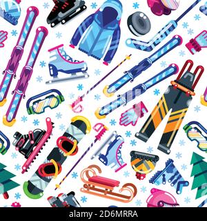 Winter seamless pattern. Colorful sports equipment, clothes and accessories on white background. Vector illustration. Stock Vector