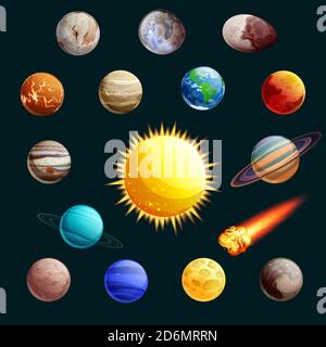 Solar system vector illustration. Sun, planets, satelites cartoon space icons and design elements. Stock Vector