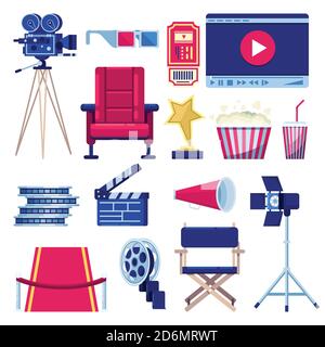 Movie and cinema theater vector flat icons set. Video and film production design elements. Multimedia maker equipment isolated on white background. Stock Vector