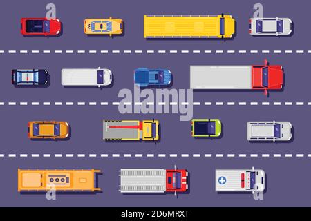 City transport on the road, top view illustration. Vector flat vehicle icons on asphalt background. Stock Vector