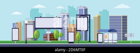 City advertising illustration. Vector background. Cityscape with white blank billboards and banners. Business promotion and advertisement concept. Stock Vector