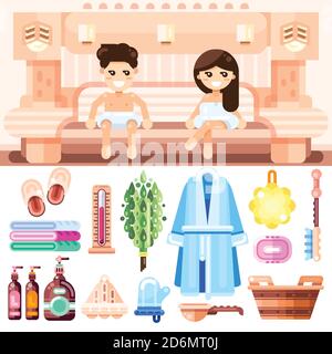 Sauna and bathhouse accessories. Vector flat icons set. Man and woman couple relaxing at the spa Stock Vector