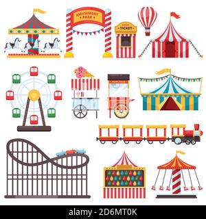 Amusement park isolated icons. Vector flat illustration of circus tent, carousel, ferris wheel and other attractions. Carnival design elements. Stock Vector