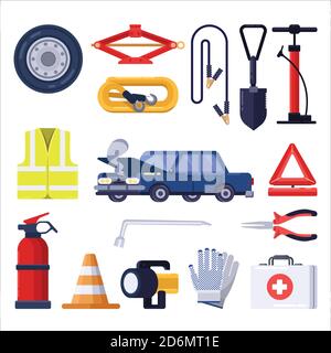Automobile road emergency kit. Car repair and safety tools. Vector flat illustration. Stock Vector