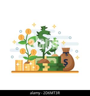 Investment, development and finance growth business concept. Growing green dollar plant, tree with golden coins and cash savings, isolated symbols.Vec Stock Vector