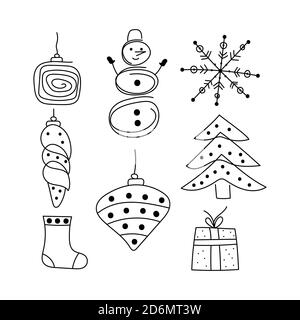 Hand drawn icons with snowman, hristmas tree, toys, and snowflake Stock Vector