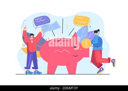 Guy and girl save money in flat style Stock Vector