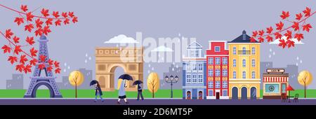 Fall season in Paris. Vector flat illustration of cityscape with Eiffel tower, Triumphal Arch and old buildings. Autumn travel to France design. Stock Vector