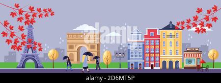 Fall season in Paris. Vector flat illustration of cityscape with Eiffel tower, Triumphal Arch and old buildings. Autumn travel to France design. Stock Vector