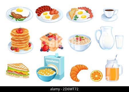 Cooking breakfast, vector cartoon illustration. Set of isolated morning meal dishes. Restaurant or cafe brunch menu design elements. Stock Vector