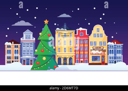 Christmas and New Years holiday in old Europe city. Vector flat illustration of cityscape with Christmas tree and European colorful houses facades. Ca Stock Vector