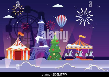Christmas and New Years holiday in Paris. Vector flat illustration of cityscape with Eiffel tower, Christmas tree and amusement park carousel. Winter Stock Vector