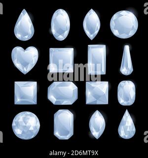 White shiny gems, vector cartoon illustration. Set of diamonds and jewels. Precious gemstones design elements. Stock Vector