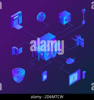House with connected home security systems. Vector isometric neon gradients illustration. Smart technologies, safety house, control and protection con Stock Vector