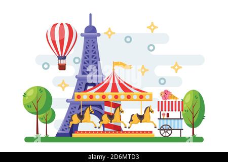 Paris cityscape with Eiffel tower, amusement park carousel and street food trolley. Vector flat illustration. Carnival and holidays festival design el Stock Vector