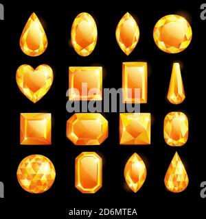 Golden gems, vector cartoon illustration. Set of diamonds and jewels. Shiny precious gemstones design elements. Stock Vector