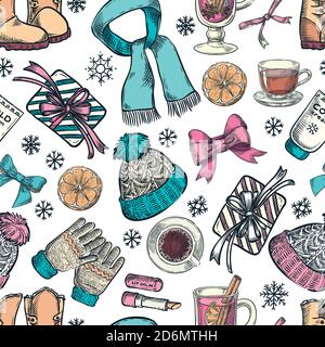 Winter holiday seamless pattern. Vector color sketch illustration. White background with hand drawn fashion clothing, fall accessories, hot drinks and Stock Vector