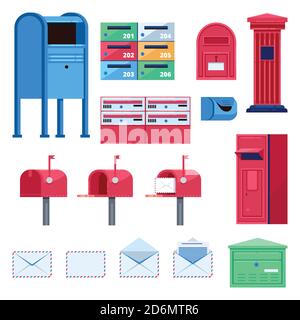 Post mailbox vector flat illustration. Letters and postboxes isolated icons. Stock Vector