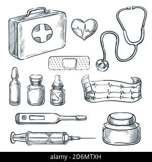 First aid kit vector sketch illustration. Medicine and healthcare hand drawn icons and design elements. Stock Vector