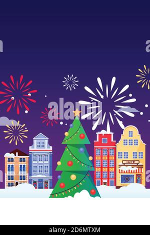 Christmas and New Years vertical greeting card. Christmas tree and old houses in Europe city. Vector flat illustration. Carnival and winter holidays f Stock Vector