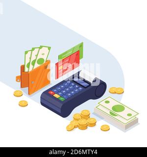 Payment methods icons set. Money transfer vector 3d isometric illustration. Credit card, dollars cash and bank terminal isolated on white background. Stock Vector