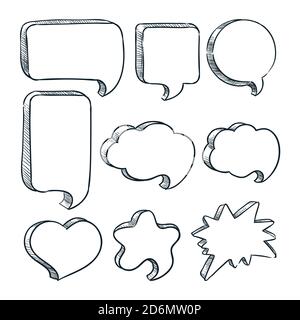 Blank speech bubbles frames with copy space. Vector sketch illustration. Hand drawn comic empty clouds with place for text. Dialog icons, stickers or Stock Vector