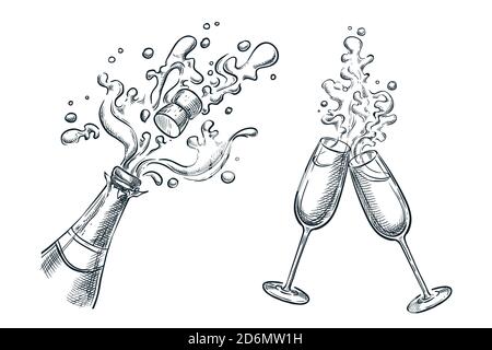 Explosion champagne bottle and two glasses with splash drinks. Sketch vector illustration. Hand drawn holiday celebration design elements. Stock Vector