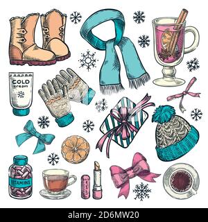 Winter and autumn essentials, vector color sketch illustration. Hand drawn fashion clothing, fall accessories, hot drinks icons and design elements. Stock Vector