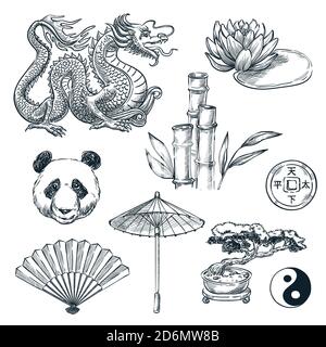 China national symbols, vector sketch illustration. Chinese dragon, panda, bamboo and lotus flower, isolated on white background. Stock Vector