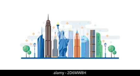New York cityscape with famous touristic landmarks. Vector flat illustration. Travel to USA horizontal banner design elements. Stock Vector