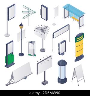 Street outdoor advertising, vector 3d isometric design elements. Empty billboards and city lights icons. Blank banner, poster mockup. Stock Vector