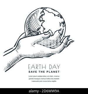 Earth Day vector sketch illustration. Hands holding globe. Banner or poster design template for ecology and environmental themes. Stock Vector