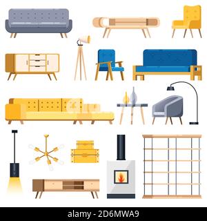 Living room modern interior isolated icons and design elements. Vector flat illustration. Cozy scandinavian loft apartment and home furniture. Stock Vector