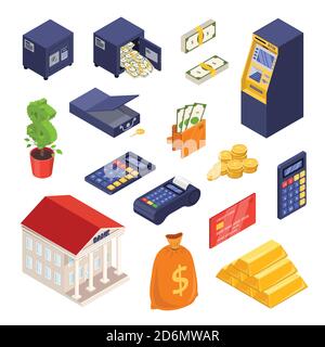 Bank and payment isometric icons. Money, finance, banking, investment and commerce vector illustration. Stock Vector
