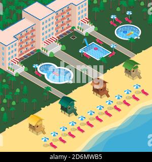 Hotel resort vector 3d isometric illustration. Modern buildings, swimming pool, tropical garden, bungalows on seaside. Summer vcation and holiday trav Stock Vector