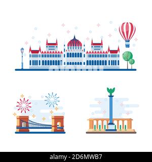 Budapest touristic landmarks vector flat illustration. Travel to Hungary design elements. Parliament, Heroes Square and Chain Bridge icons. Stock Vector