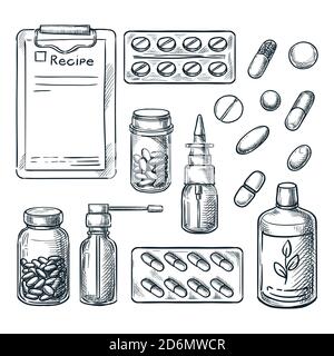 Pharmacy, medicine and healthcare vector sketch illustration. Pills, drugs, bottles, prescription hand drawn icons and design elements. Stock Vector