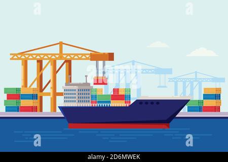 Cargo ship in port, vector flat illustration. Port crane lifts colorful metal shipping containers to the board. Sea cargo delivery, warehouse and logi Stock Vector