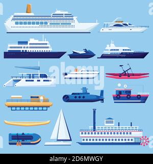 Water vessel transport icons set. Vector flat vehicle illustration. Sail boats, cruise ship, yacht on blue background.