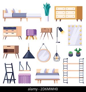 Bedroom modern interior isolated icons and design elements. Vector flat illustration. Cozy scandinavian loft apartment and home furniture. Stock Vector