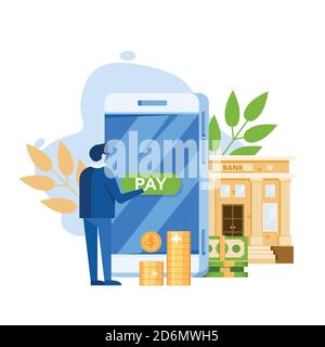 Online banking service, vector flat illustration. Human makes payment in bank app on smartphone screen. Modern finance technology business concept. Stock Vector