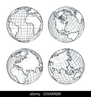 Earth planet vector sketch illustration. Hand drawn doodle globe set. Stock Vector